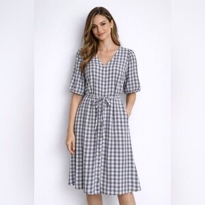 Checked Button-Front Midi Dress with Tie Waist - Gray/White